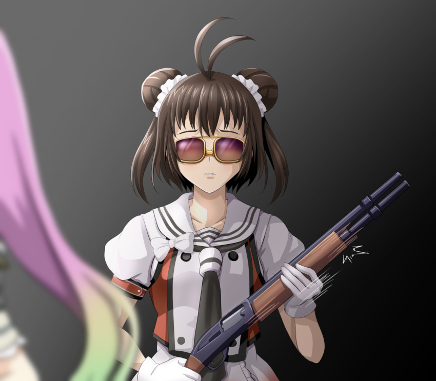 2girls antenna_hair bangs black_neckwear brown_hair commentary_request double_bun gloves gradient_hair gun holding holding_gun holding_weapon kantai_collection long_hair momo_(kancolle) multicolored_hair multiple_girls naka_(kancolle) neckerchief puffy_short_sleeves puffy_sleeves purple_hair remodel_(kantai_collection) sailor_collar school_uniform serafuku short_sleeves shotgun solo_focus sunglasses tk8d32 upper_body weapon white_gloves white_sailor_collar