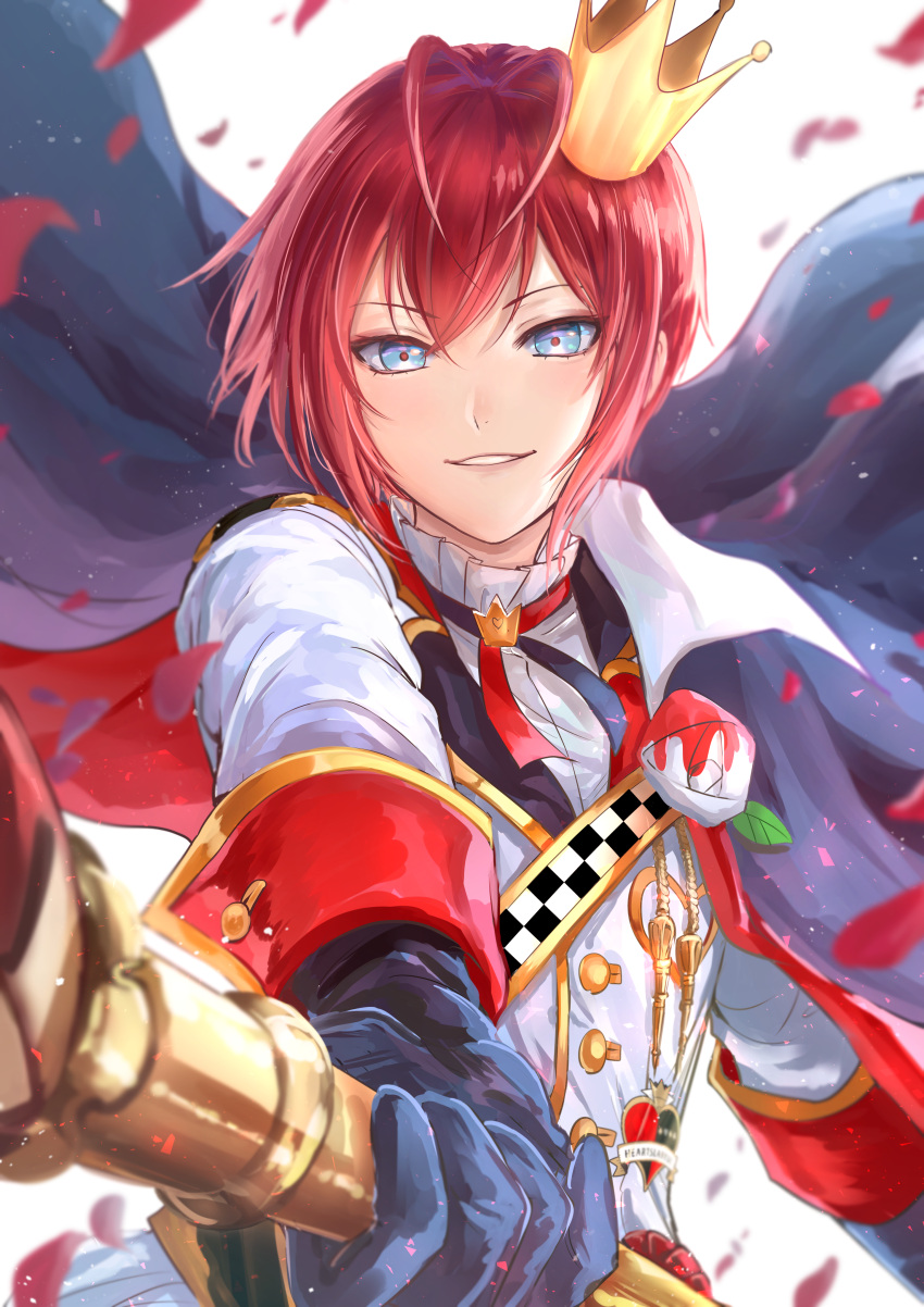 1boy absurdres antenna_hair black_gloves blue_eyes checkered_sash commentary crown ekisutora gloves highres holding holding_scepter long_sleeves looking_at_viewer redhead riddle_rosehearts scepter shirt short_hair smile solo twisted_wonderland white_shirt
