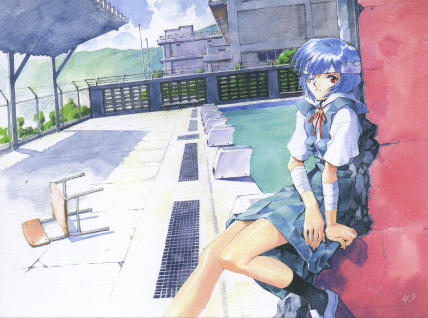 1girl absurdres ayanami_rei bandage_over_one_eye bandages barbed_wire blue_hair chain-link_fence chair color_halftone day drain_(object) dutch_angle eyepatch fence highres looking_at_viewer neon_genesis_evangelion official_art outdoors pool poolside red_eyes sadamoto_yoshiyuki scan school school_uniform short_hair socks solo starting_block vanishing_point
