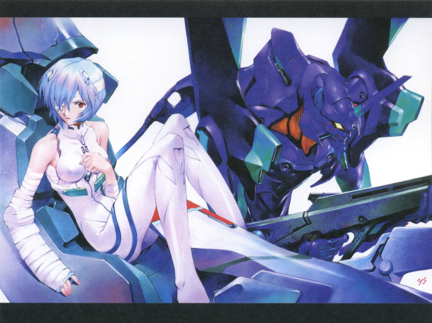 1girl absurdres ayanami_rei bandages bare_shoulders blue_hair breasts color_halftone eva_01 eyepatch highres looking_to_the_side mecha medium_breasts neon_genesis_evangelion official_art red_eyes sadamoto_yoshiyuki scan signature sitting solo