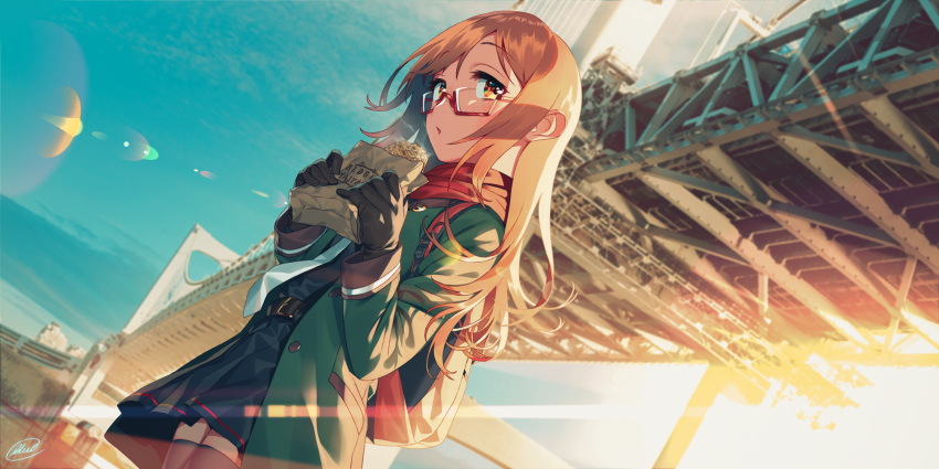 1girl backpack bag black_legwear black_skirt blew_andwhite blush brown_eyes brown_gloves brown_hair coat cowboy_shot food glasses gloves green_coat highres holding holding_food kantai_collection long_hair long_sleeves mochizuki_(kancolle) necktie open_clothes open_coat open_mouth pleated_skirt red-framed_eyewear signature skirt solo thigh-highs white_neckwear