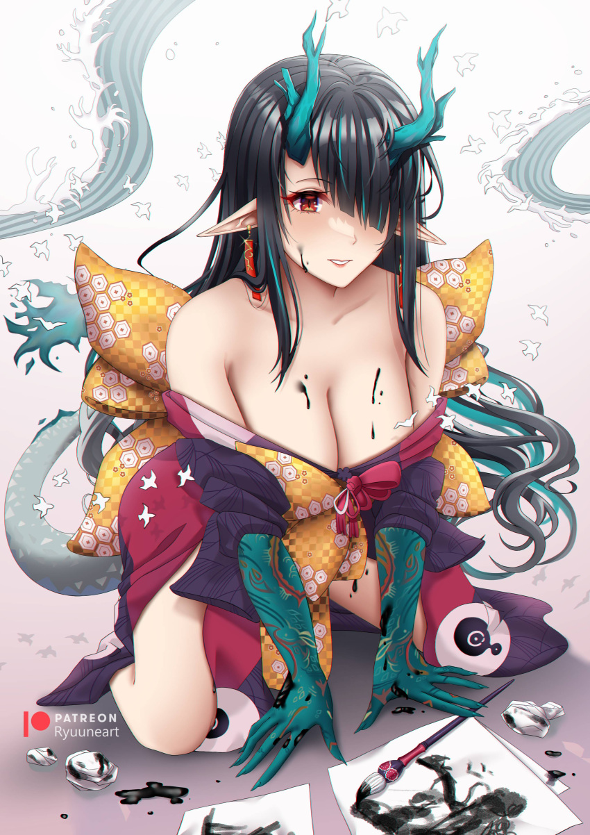 1girl absurdres arknights bare_shoulders black_hair blush breasts calligraphy_brush collarbone dragon_girl dragon_horns dragon_tail dusk_(arknights) fate/grand_order fate_(series) highres horns ink japanese_clothes katsushika_hokusai_(fate) kimono kneehighs long_hair paintbrush paper pointy_ears red_eyes ribbon ryuuneart solo tail tattoo