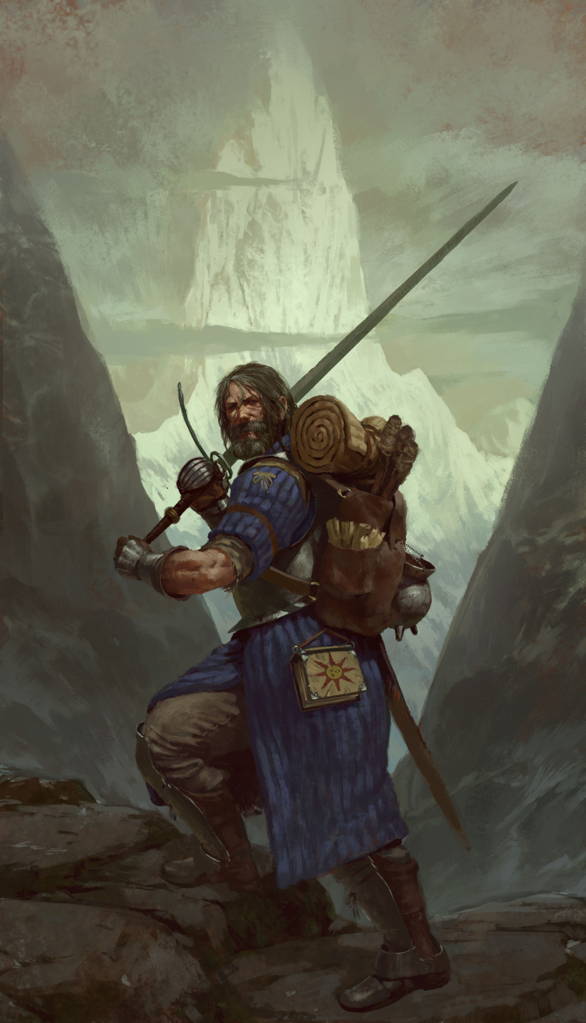 1boy absurdres backpack bag beard black_hair boots brown_footwear dark_souls dungeons_and_dragons facial_hair fantasy from_side gambeson gauntlets grey_pants highres holding holding_sword holding_weapon long_sword looking_at_viewer male_focus manuel_castanon mature_male mountain over_shoulder pants pot solo souls_(from_software) sun_symbol sword tent torch weapon weapon_over_shoulder zweihander