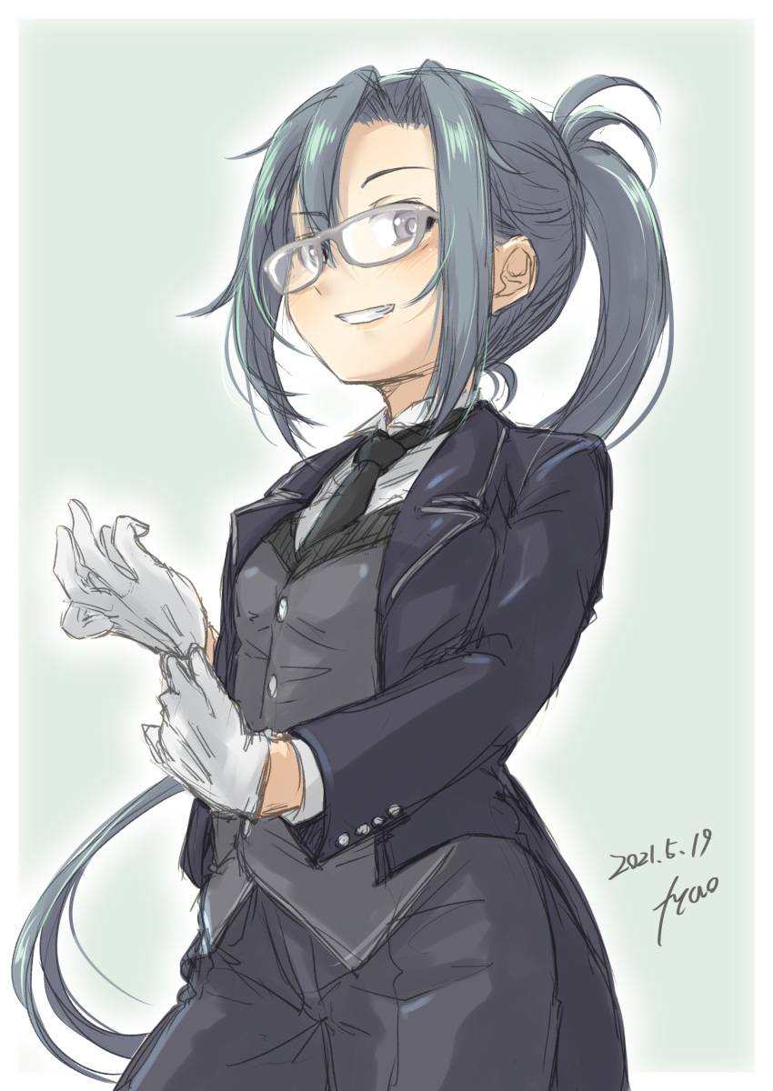 1girl absurdres amagiri_(kancolle) asymmetrical_bangs bangs black_neckwear black_vest commentary_request cowboy_shot crossdressinging dated fyuo glasses gloves grey_eyes grey_hair grin hair_between_eyes highres kantai_collection long_hair one-hour_drawing_challenge parted_lips ponytail smile solo tailcoat tuxedo twitter_username very_long_hair vest white_gloves