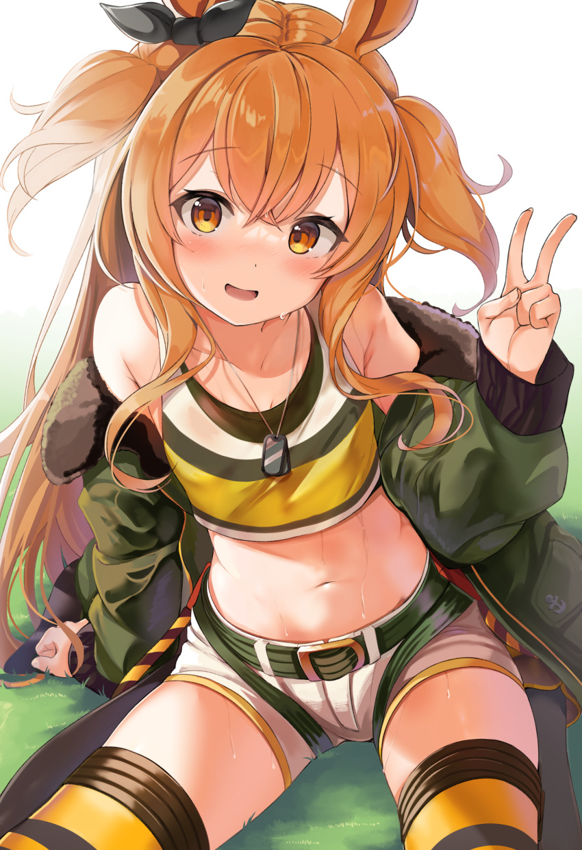 1girl :d absurdres animal_ears arm_support bare_shoulders belt crop_top dog_tags fur_trim green_jacket hair_ribbon hand_up highres horse_ears jacket long_sleeves mayano_top_gun_(umamusume) midriff navel off_shoulder ohshit open_clothes open_jacket open_mouth orange_eyes orange_hair ribbon shirt short_shorts shorts simple_background sitting sleeveless sleeveless_shirt smile solo stomach sweat thigh-highs thighs twintails two_side_up umamusume v white_background white_shorts yellow_legwear yellow_shirt