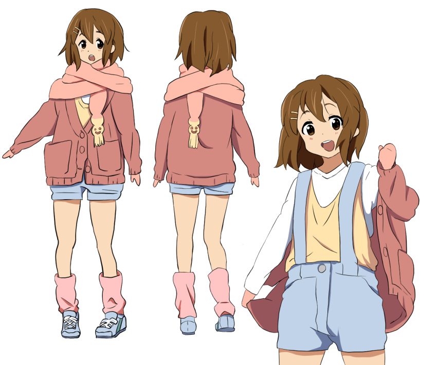 1girl bangs blue_footwear blue_shorts blush brown_eyes brown_hair cardigan commentary_request cowboy_shot derivative_work from_behind full_body gloves hair_between_eyes hair_ornament hairclip hand_up hirasawa_yui jacket k-on! leg_warmers long_sleeves looking_at_viewer medium_hair multiple_views open_mouth overalls pink_legwear pink_scarf pointing_to_the_side red_cardigan red_gloves scarf shirt shoes short_shorts shorts simple_background smile suspender_shorts suspenders upper_teeth vest white_background white_shirt yellow_vest zerozerow3