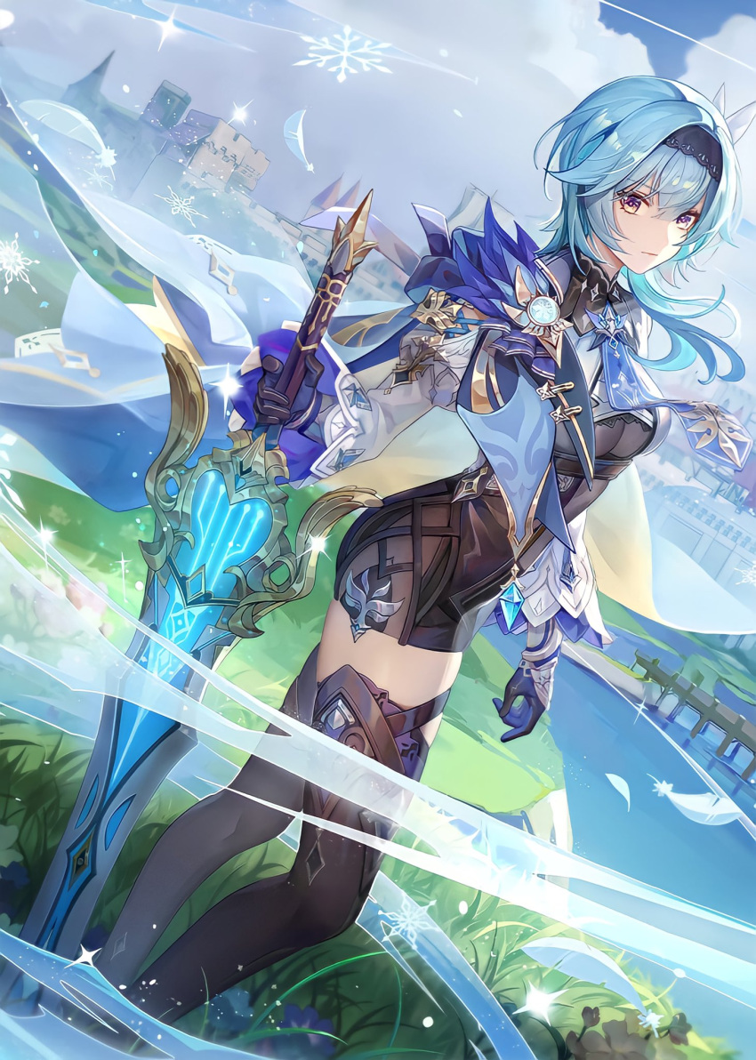 1girl bambi_(cozybambii) bangs black_gloves black_hairband black_legwear blue_flower blue_hair blue_neckwear breasts castle closed_mouth clouds cloudy_sky day english_commentary eula_(genshin_impact) feathers flower frilled_sleeves frills from_side genshin_impact gloves grass greatsword hair_ornament hairband highres holding holding_sword holding_weapon ice juliet_sleeves long_sleeves looking_at_viewer medium_breasts medium_hair multicolored multicolored_eyes necktie outdoors planted_sword planted_weapon puffy_sleeves sky snowflakes solo sparkle standing sword symbol_commentary thigh-highs thighs violet_eyes vision_(genshin_impact) water weapon white_flower wide_sleeves yellow_eyes