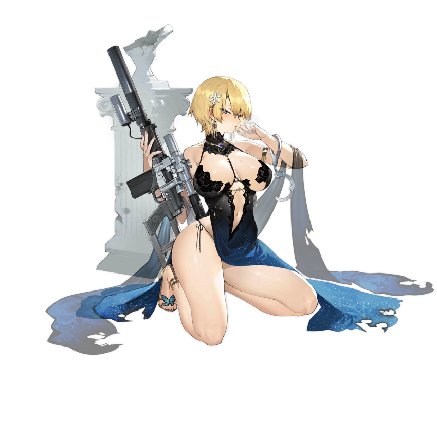 1girl bare_shoulders black_dress blonde_hair blue_dress blue_eyes blush breasts bug butterfly commentary_request cuffs dress dress_flower earrings eyebrows_visible_through_hair fingernails girls_frontline gun hair_ornament handcuffs high_heels highres holding holding_weapon insect jewelry large_breasts looking_at_viewer medium_hair mole mole_on_breast mole_under_eye nail_polish navel necklace official_art parted_lips rifle seiza shiny shiny_hair shiny_skin short_hair simple_background siqi_(miharuu) sitting snowflake_hair_ornament solo thighs torn_clothes vsk-94 vsk-94_(girls_frontline) weapon white_background yellow_footwear