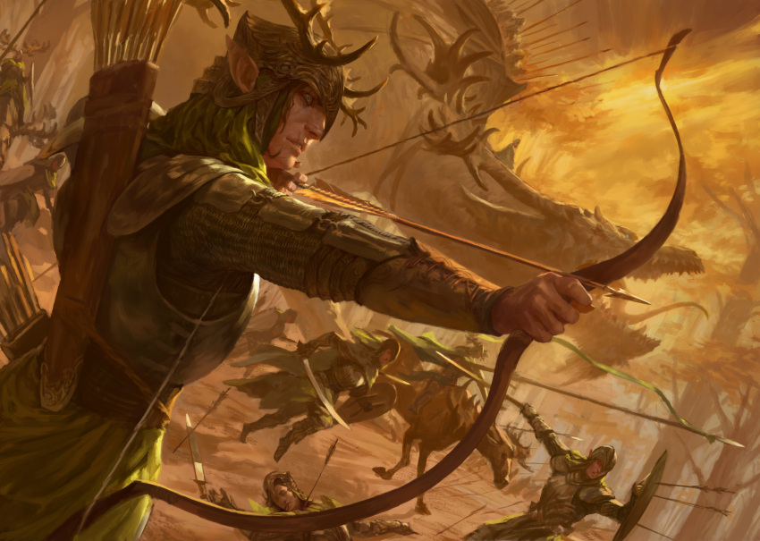 absurdres aiming antlers armor arrow_(projectile) banner blue_eyes bow_(weapon) bracer breastplate brown_theme cape commentary death dutch_angle elf english_commentary forest green_cape helmet highres holding holding_bow_(weapon) holding_shield holding_spear holding_sword holding_weapon mail manuel_castanon monster moose nature original pointy_ears polearm quiver riding running shield spear sword tree weapon yellow_sky