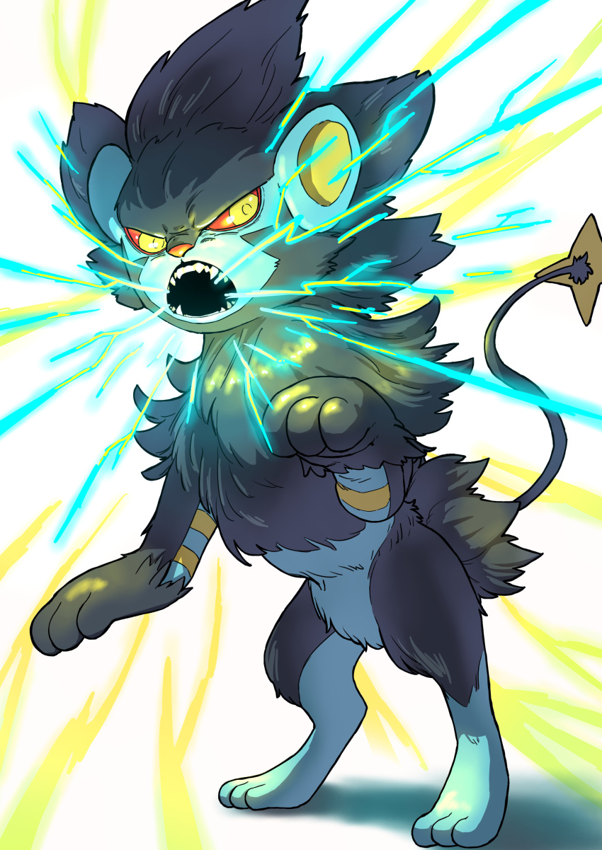 9gojonnybgo absurdres black_fur colored_sclera commentary_request electricity gen_4_pokemon highres looking_to_the_side luxray no_humans open_mouth orange_sclera paws pokemon pokemon_(creature) solo standing teeth toes yellow_eyes