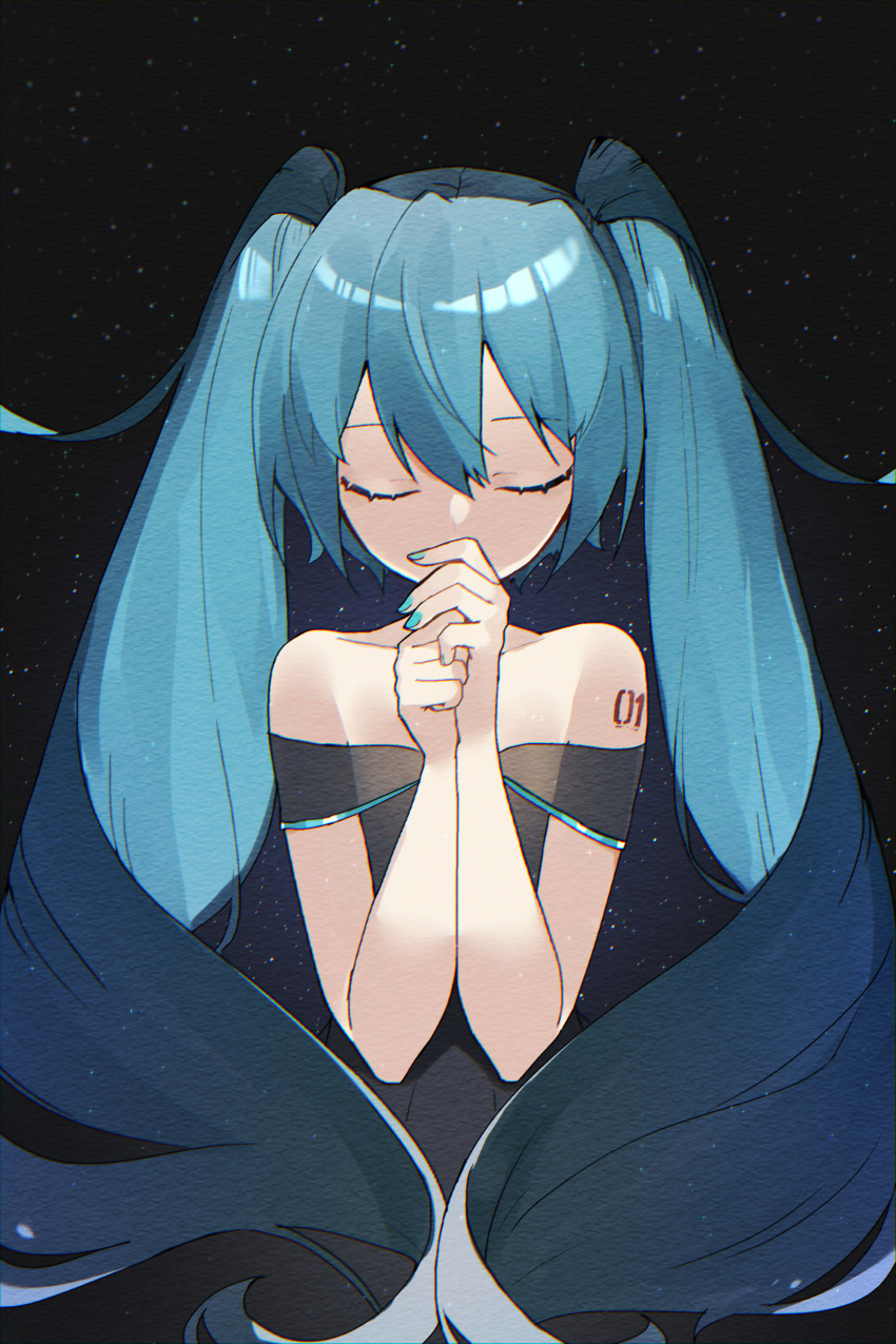 1girl absurdres arm_tattoo bangs closed_eyes collarbone dress eyebrows_visible_through_hair eyelashes floating_hair green_nails hair_between_eyes hands_together hands_up hatsune_miku highres long_hair nail_polish reirou_(chokoonnpu) shiny shiny_hair solo symbol_commentary tattoo twintails vocaloid
