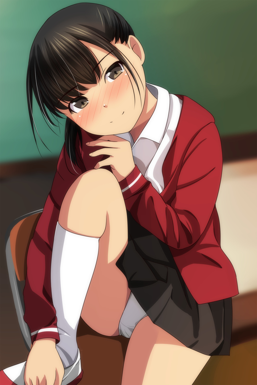 1girl absurdres bangs black_skirt blurry blurry_background blush chalkboard closed_mouth collared_shirt depth_of_field eyebrows_visible_through_hair head_tilt highres indoors jacket knee_up looking_at_viewer low_ponytail matsunaga_kouyou nose_blush open_clothes open_jacket original panties pleated_skirt ponytail red_jacket shirt shoes sitting skindentation skirt smile socks solo underwear white_footwear white_legwear white_panties white_shirt