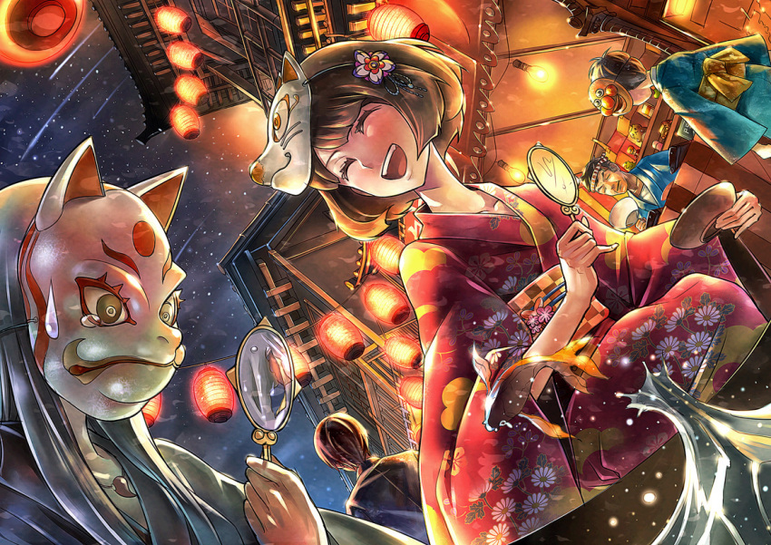 2girls 3boys anpanman anpanman_(character) bangs blue_kimono brown_hair closed_mouth commentary_request dutch_angle fan festival floral_print flower fox_mask gens_lee holding holding_mirror japanese_clothes kimono lantern long_hair looking_at_another mask mask_on_head mirror multiple_boys multiple_girls net night night_sky obi open_mouth original paper_lantern red_kimono sash shooting_star sky star_(sky) sweatdrop water white_flower