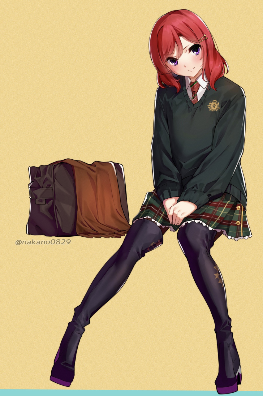 1girl bag beige_background cardigan green_cardigan green_skirt hair_ornament hairclip highres long_sleeves looking_at_viewer love_live! love_live!_school_idol_project nakano_maru nishikino_maki plaid plaid_skirt redhead school_uniform short_hair simple_background sitting skirt solo twitter_username violet_eyes