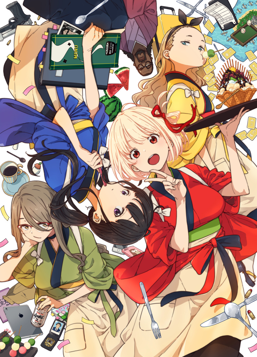 1boy 4girls apron bag beard beer_can black_choker black_ribbon blonde_hair blue_kimono breasts brown_hair can cellphone character_request choker coffee coffee_cup copyright_request cup dango dark-skinned_male dark_skin dice disposable_cup eating facial_hair food fork fruit glasses green_kimono gun hair_between_eyes hair_ribbon highres holding holding_plate ice_cream ice_cream_cup imigimuru inoue_takina ipad japanese_clothes kimono knife large_breasts light_brown_hair long_hair looking_back lycoris_recoil menu multiple_girls nakahara_mizuki nishikigi_chisato official_art open_mouth paper_bag phone plate police_badge ponytail red_eyes red_kimono red_ribbon ribbon short_hair skirt smartphone smile spoon suitcase tablet_pc tied_hair v violet_eyes wagashi waitress watermelon watermelon_slice wavy_hair weapon white_background yellow_kimono