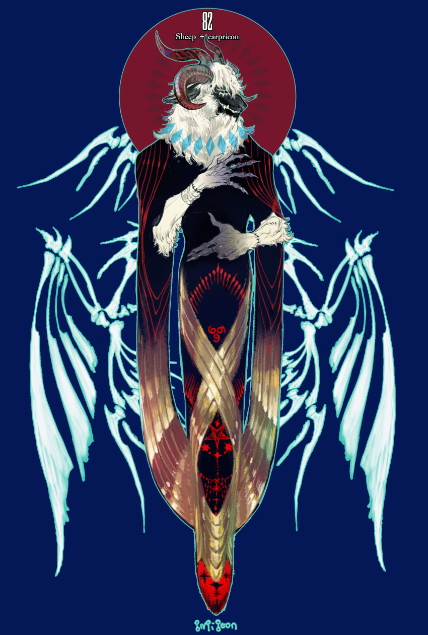 1other absurdres animal_head blue_background cape capricorn fangs fingernails highres horns jewelry monster multiple_horns no_humans original pigeon666 ring sharp_fingernails signature skeletal_wings solo wings zodiac