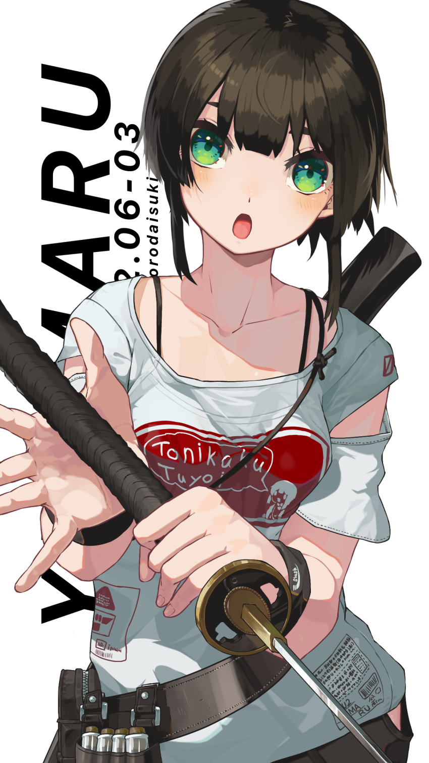 1girl artist_name belt_pouch bra_strap brown_hair collarbone dated green_eyes hands_up highres holding holding_weapon katana looking_at_viewer open_mouth original pouch shirt short_hair shoulder_strap simple_background solo sword upper_body weapon white_background white_shirt wristband yuyu_ekaki_dayo