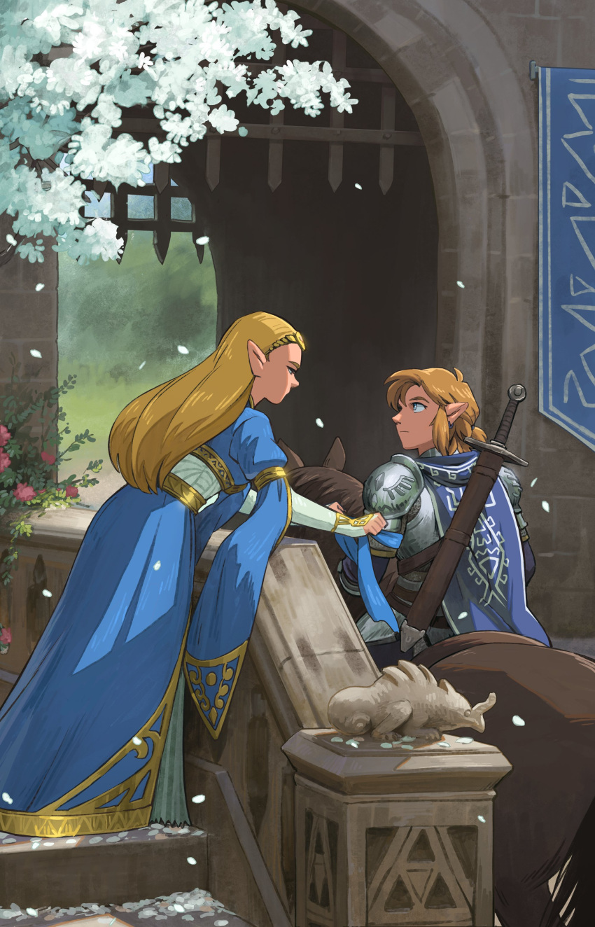 1boy 1girl absurdres armor bangs blonde_hair blue_cape blue_dress blue_eyes braid cape dress english_commentary flower from_side gate highres horse link long_hair long_sleeves looking_at_another malin_falch outdoors pointy_ears princess_zelda shoulder_armor standing sword the_legend_of_zelda the_legend_of_zelda:_breath_of_the_wild tree weapon weapon_on_back white_flower