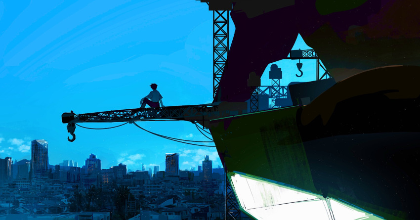 1boy arm_on_knee arm_support blue_sky building cable cityscape clouds construction construction_site crane_(machine) highres hook leg_up machinery original pants shirt short_hair sitting sky steel_beam very_short_hair very_wide_shot zero_(jckz2334)