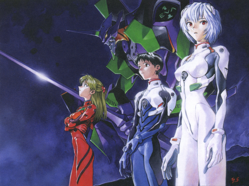 1boy 2girls :o absurdres ayanami_rei bangs black_hair blue_hair bodysuit bracer breasts color_halftone cowboy_shot crossed_arms eva_01 from_side glint gloves hair_ornament highres holding_own_arm ikari_shinji interface_headset looking_at_viewer looking_to_the_side looking_up mecha multiple_girls neon_genesis_evangelion official_art open_mouth orange_hair pilot_suit plugsuit red_eyes sadamoto_yoshiyuki scan short_hair signature skinny small_breasts souryuu_asuka_langley white_bodysuit