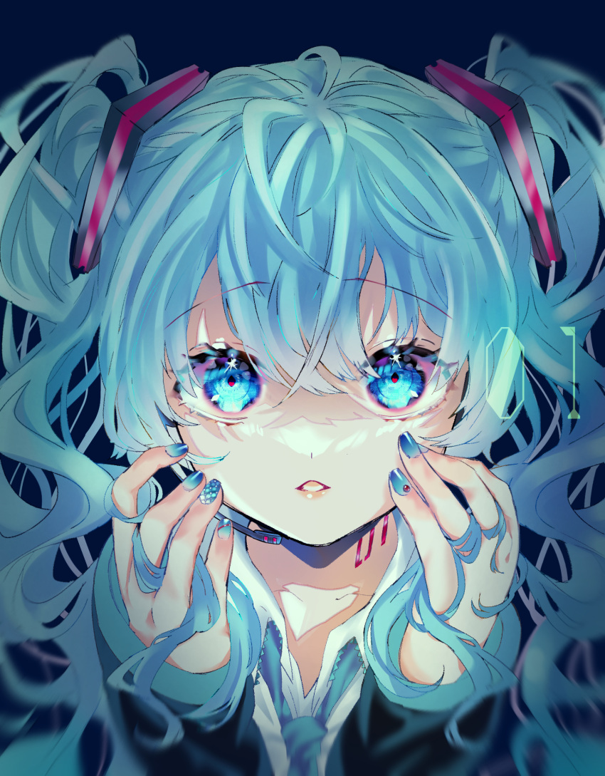 1girl aqua_eyes aqua_hair aqua_nails black_background black_sleeves collarbone commentary hair_ornament hands_on_own_cheeks hands_on_own_face hatsune_miku headset highres holding holding_hair leaning_forward lips long_hair looking_at_viewer mobumobu0817 nail_polish neck_tattoo necktie parted_lips red_pupils shirt solo tattoo twintails upper_body vocaloid white_shirt