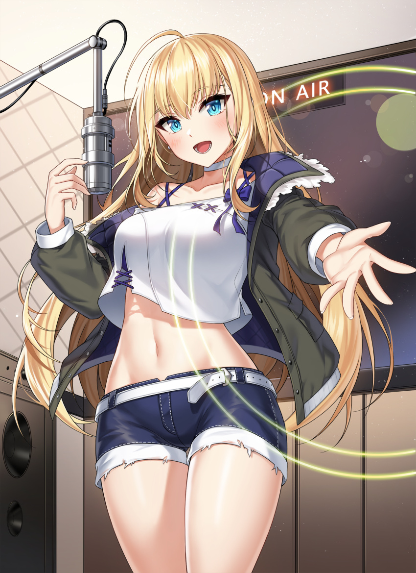 1girl 2qba :d ahoge bare_shoulders belt blonde_hair blue_eyes blue_shorts breasts choker collarbone counter_side cowboy_shot crop_top crop_top_overhang denim denim_shorts green_jacket hand_up highres indoors jacket long_hair long_sleeves looking_at_viewer medium_breasts microphone midriff navel off_shoulder open_clothes open_jacket open_mouth outstretched_arm shirt short_shorts shorts smile solo standing stomach television thighs white_choker white_shirt