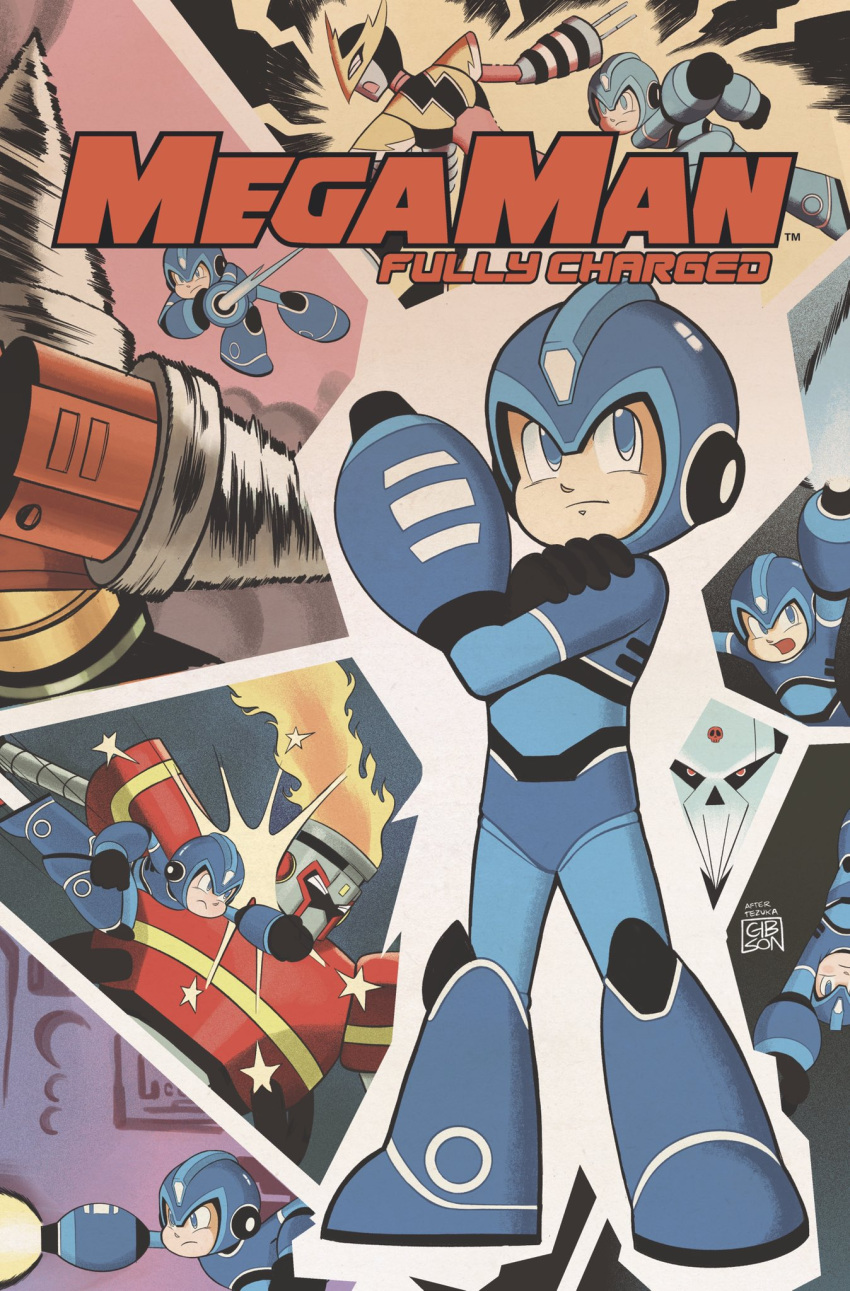 5boys android arm_cannon blue_eyes commentary cover drill_man elec_man energy_beam english_commentary fire_man helmet highres jordan_gibson mega_man:_fully_charged mega_man_(character) mega_man_(classic) mega_man_(series) multiple_boys official_art open_mouth punching signature skull_man_(mega_man) tetsuwan_atom weapon