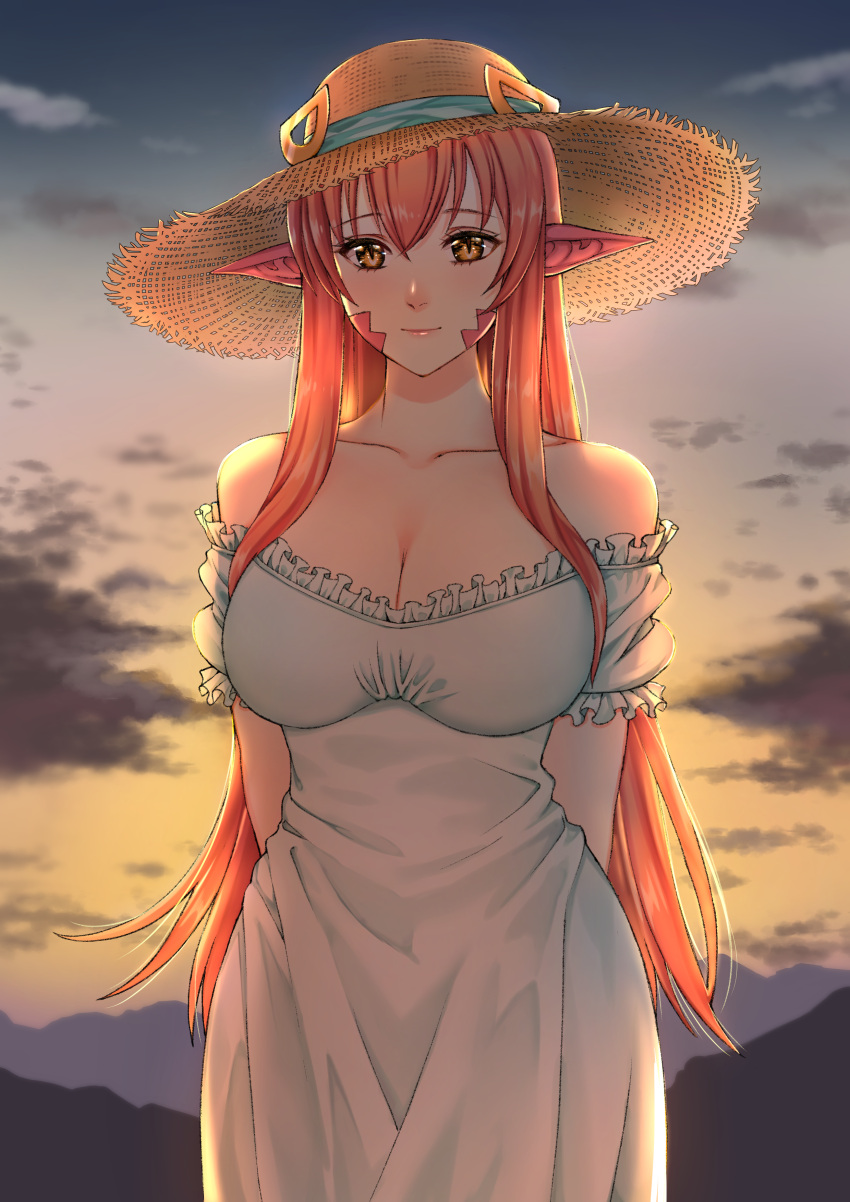 1girl absurdres breasts clouds cloudy_sky commission commissioner_upload dress evening hat hat_ornament highres hill lamia long_hair looking_at_viewer miia_(monster_musume) monster_girl monster_musume_no_iru_nichijou moon_mirage pointy_ears redhead scales sky slit_pupils smile solo straw_hat sundress sunset wide_hips yellow_eyes