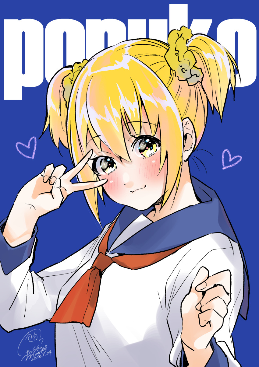 1girl :3 absurdres blonde_hair blue_background blue_sailor_collar blush character_name closed_mouth dated fingernails geshumaro hair_ornament hair_scrunchie heart highres long_sleeves looking_at_viewer necktie poptepipic popuko red_neckwear sailor_collar school_uniform scrunchie serafuku shirt short_hair short_necktie signature simple_background smile solo twintails upper_body v v_over_eye white_shirt yellow_eyes