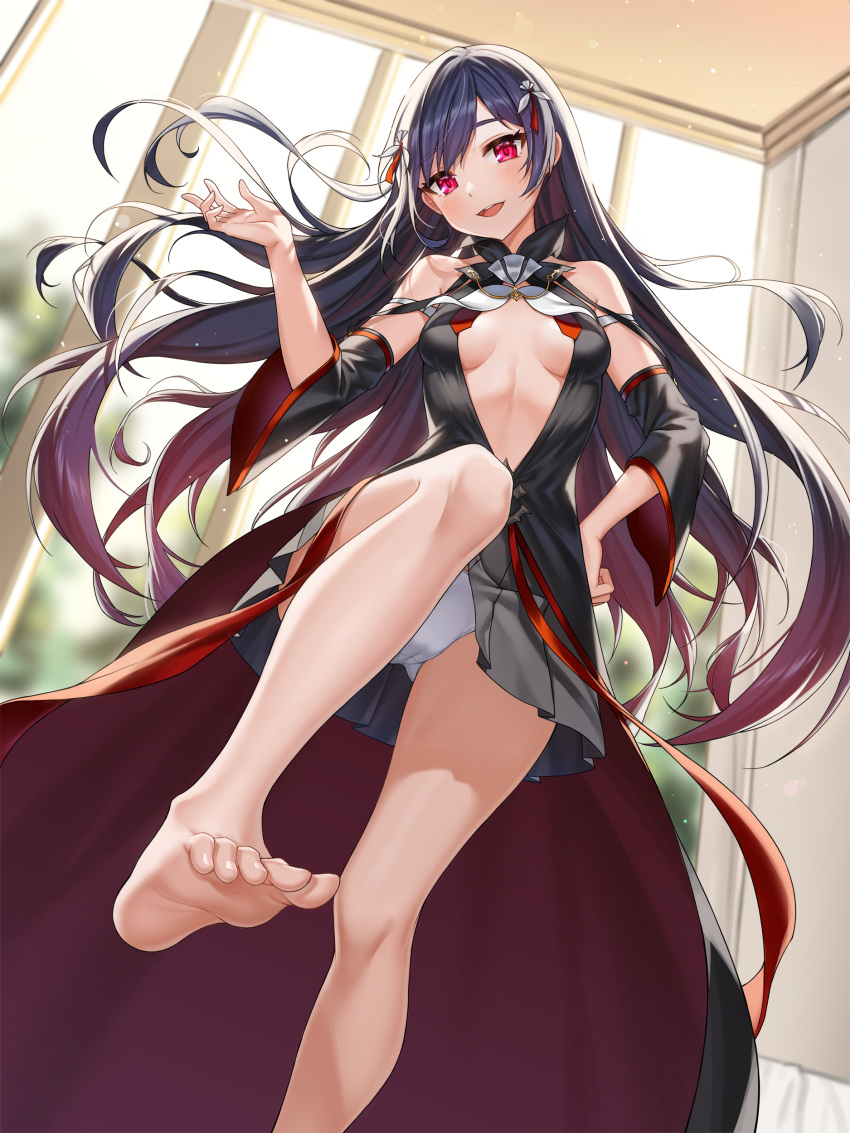 1girl 2qba :d absurdres alternate_eye_color bare_legs bare_shoulders barefoot black_hair black_shirt breasts center_opening counter_side detached_sleeves feet floating_hair from_below grey_skirt hair_ornament hand_on_hip hand_up head_tilt highres indoors leg_up long_hair looking_at_viewer miniskirt no_bra open_mouth panties pleated_skirt red_eyes revealing_clothes shirt skirt small_breasts smile solo standing standing_on_one_leg stomach thighs toes underwear very_long_hair waist_cape white_panties wide_sleeves