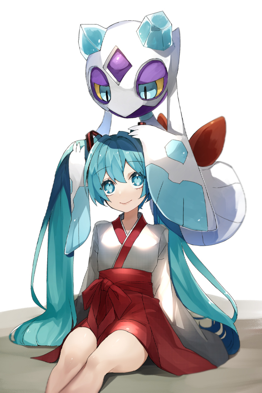 1girl absurdres bangs closed_mouth crossover eyebrows_visible_through_hair eyelashes froslass gen_4_pokemon green_eyes green_hair hair_between_eyes hair_ornament hatsune_miku highres knees long_hair long_sleeves looking_up pleated_skirt pokemon pokemon_(creature) red_skirt reirou_(chokoonnpu) sitting skirt smile symbol_commentary twintails vocaloid