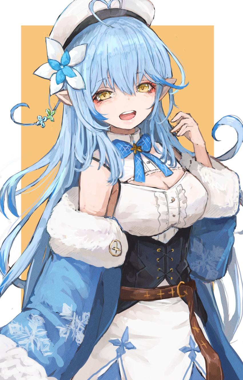 1girl absurdres blue_hair blue_neckwear blue_ribbon breasts cleavage_cutout clothing_cutout flower hair_between_eyes hair_flower hair_ornament hat highres hololive long_hair medium_breasts nyucha open_mouth orange_background pointy_ears ribbon smile solo two-tone_background virtual_youtuber white_background white_headwear yukihana_lamy
