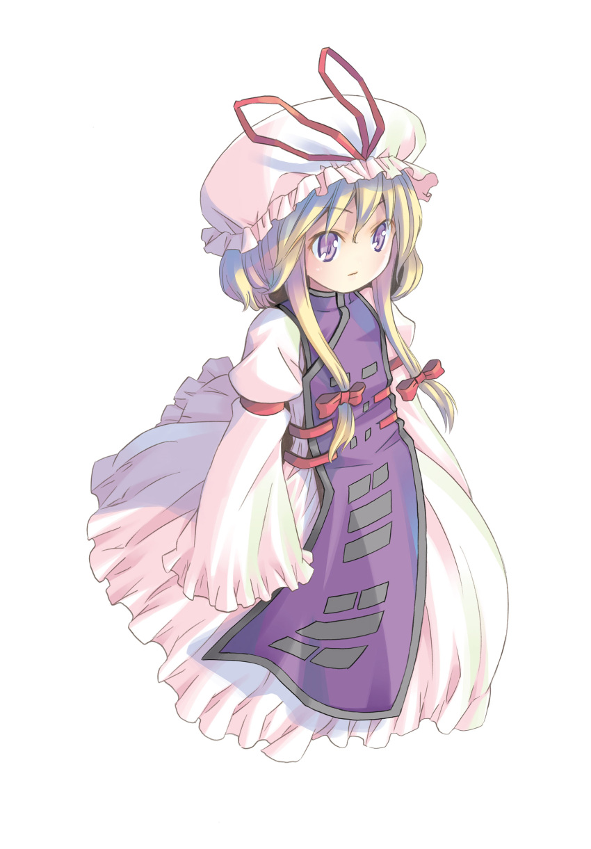 1girl absurdres age_regression blonde_hair dress flat_chest frilled_dress frills hat hat_ribbon highres long_hair long_sleeves mob_cap pillow_hat pop_(electromagneticwave) red_ribbon ribbon tabard touhou trigram violet_eyes white_dress wide_sleeves yakumo_yukari yakumo_yukari_(young) yin_yang yin_yang_print younger