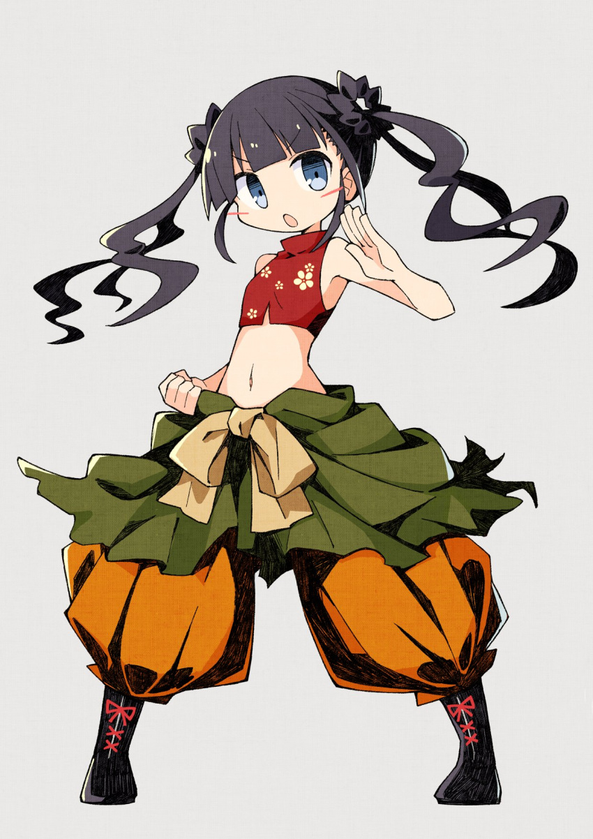 1girl asameshi baggy_pants black_footwear black_hair blush blush_stickers clenched_hand commentary cropped_shirt fighting_stance floral_print full_body grey_background hand_up highres long_hair looking_at_viewer midriff monk_(sekaiju) open_mouth orange_pants pants print_shirt red_shirt sekaiju_no_meikyuu shirt simple_background sleeveless sleeveless_shirt solo twintails