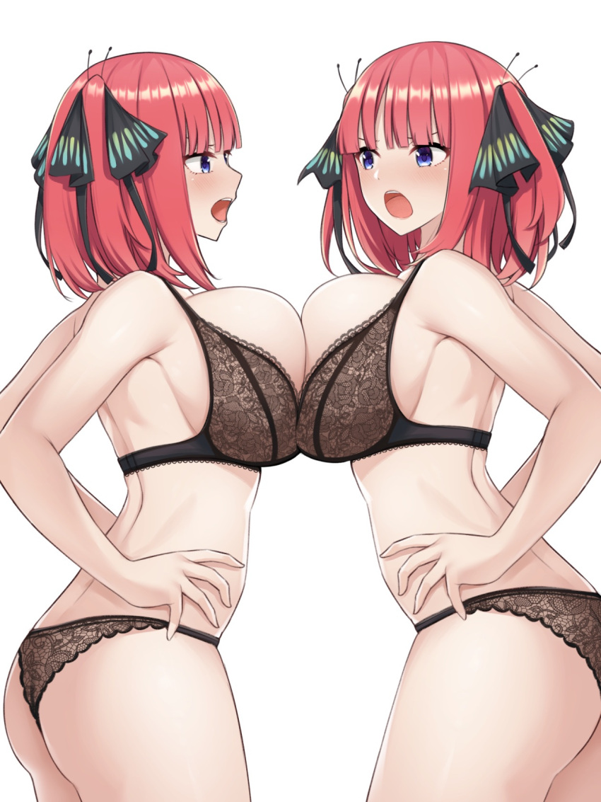 2girls angry bangs bare_arms black_bra black_panties blunt_bangs bra breast_press breasts butterfly_hair_ornament clone commentary_request go-toubun_no_hanayome hair_ornament hair_ribbon hands_on_hips highres huge_breasts lace-trimmed_bra lace-trimmed_panties lace_trim multiple_girls nakano_nino open_mouth paintcan panties pink_hair ribbon short_hair sideboob simple_background standing symmetrical_docking underwear underwear_only upper_teeth white_background