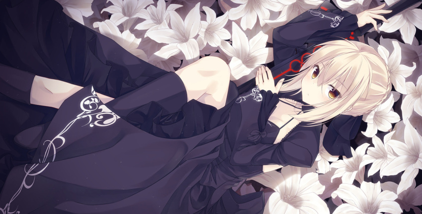1girl artoria_pendragon_(all) black_dress blonde_hair braid braided_bun closed_mouth dress excalibur_morgan_(fate) fate/stay_night fate_(series) field flower flower_field holding holding_sword holding_weapon juliet_sleeves long_sleeves looking_at_viewer lying nagishiro_mito on_back puffy_sleeves saber_alter sidelocks solo sword weapon white_flower yellow_eyes