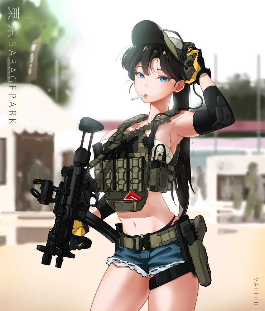 1girl absurdres airsoft artist_name baseball_cap black_hair blue_eyes cigarette cigarette_pack denim denim_shorts elbow_pads english_text eyebrows_visible_through_hair gloves gun h&amp;k_mp5 hair_between_eyes handgun hat headphones highres holding holding_weapon holster holstered_weapon looking_at_viewer magazine_(weapon) midriff military navel original outdoors pistol pouch sarashi short_shorts shorts solo submachine_gun tactical_clothes vaffer vest walkie-talkie weapon