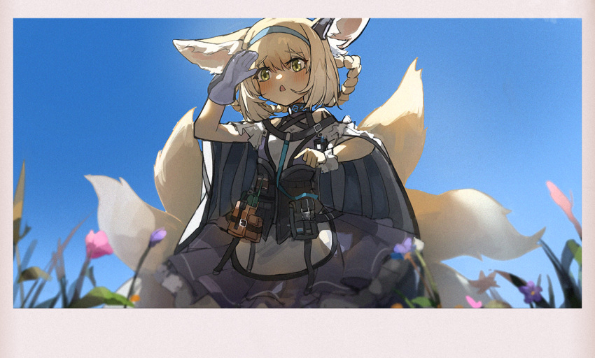 1girl animal_ear_fluff animal_ears arknights belt_pouch blonde_hair blue_flower blue_hairband blue_ribbon blue_sky blurry blurry_foreground border cape commentary day dress eyebrows_visible_through_hair feet_out_of_frame flower fox_ears fox_girl frilled_cuffs frilled_dress frills gloves green_eyes grey_border hair_rings hairband hand_to_forehead hands_up infection_monitor_(arknights) kyuubi light_blush multiple_tails off-shoulder_dress off_shoulder open_mouth oripathy_lesion_(arknights) outdoors pink_flower pleated_skirt pointing pouch purple_dress ribbon single_glove skirt sky solo suzuran_(arknights) tail white_dress wrist_cuffs yurooe