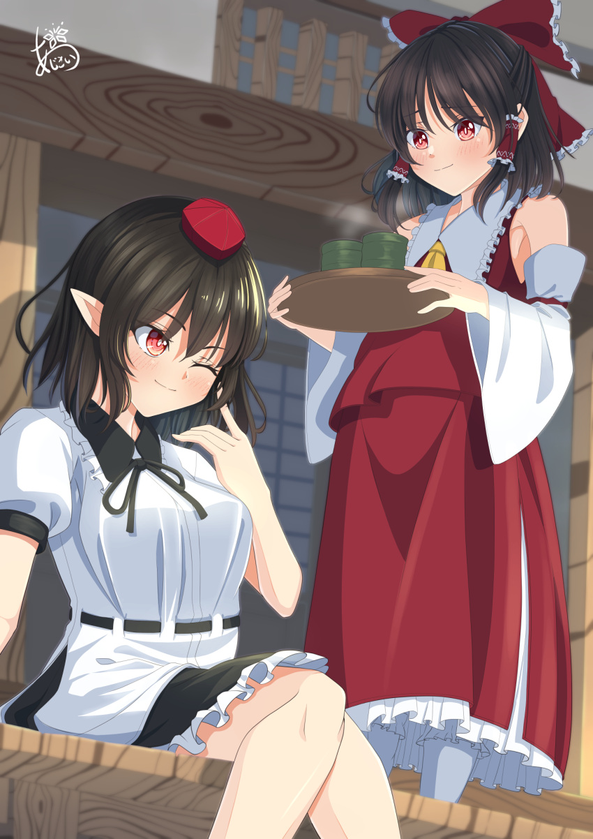 2girls amanoyayuki armpit_peek ascot black_collar black_hair black_neckwear black_ribbon black_skirt blinking bow bowtie breasts brown_hair collar collared_shirt detached_sleeves frilled_bow frilled_skirt frills hair_bow hair_tubes hakurei_reimu hakurei_shrine hat highres long_hair medium_breasts medium_hair multiple_girls nontraditional_miko red_bow red_eyes ribbon ribbon-trimmed_sleeves ribbon_trim shameimaru_aya shirt sidelocks sitting skirt skirt_set small_breasts socks tea tengu tokin_hat touhou tray white_legwear white_shirt wide_sleeves yellow_neckwear