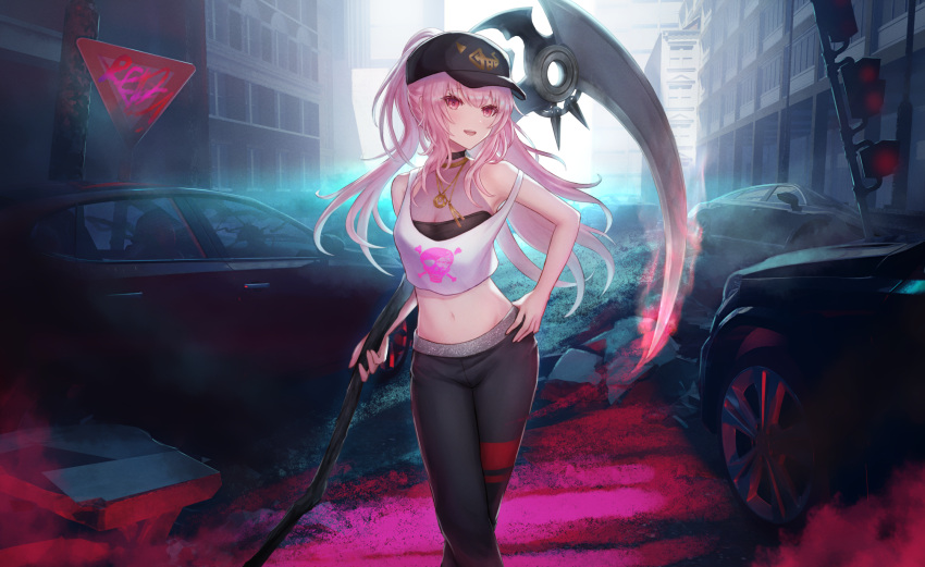 1girl bangs bare_shoulders baseball_cap black_headwear black_pants blush breasts cat city commentary crop_top eyebrows_visible_through_hair feet_out_of_frame hand_on_hip hat highres holding holding_scythe hololive hololive_english long_hair looking_at_viewer medium_breasts midriff mori_calliope navel official_alternate_costume open_mouth oridays pants pink_hair ponytail red_eyes scythe see-through shinigami shirt smile solo stomach strap_slip very_long_hair virtual_youtuber white_shirt