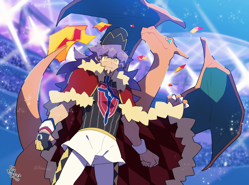 1boy bangs baseball_cap cape champion_uniform charizard clenched_hands closed_mouth commentary_request dark-skinned_male dark_skin dynamax_band facial_hair fire from_below fur-trimmed_cape fur_trim gen_1_pokemon gloves hat highres leggings leon_(pokemon) light long_hair male_focus partially_fingerless_gloves pokemon pokemon_(creature) pokemon_(game) pokemon_swsh purple_hair red_cape shigetake_(buroira) shirt short_shorts short_sleeves shorts single_glove smile stadium white_legwear white_shorts white_wristband yellow_eyes