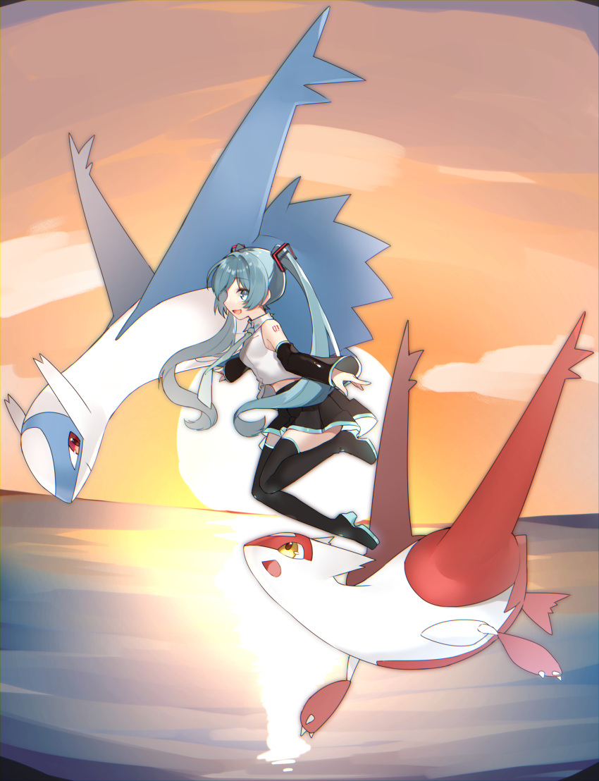 1girl :d absurdres bangs black_footwear black_skirt boots clouds collared_shirt crossover detached_sleeves floating_hair gen_3_pokemon hatsune_miku highres latias latios legendary_pokemon long_hair necktie open_mouth outdoors pleated_skirt pokemon pokemon_(creature) reflection reirou_(chokoonnpu) shiny shiny_hair shirt skirt sky sleeveless sleeveless_shirt smile symbol_commentary thigh-highs thigh_boots tongue twilight vocaloid water white_shirt