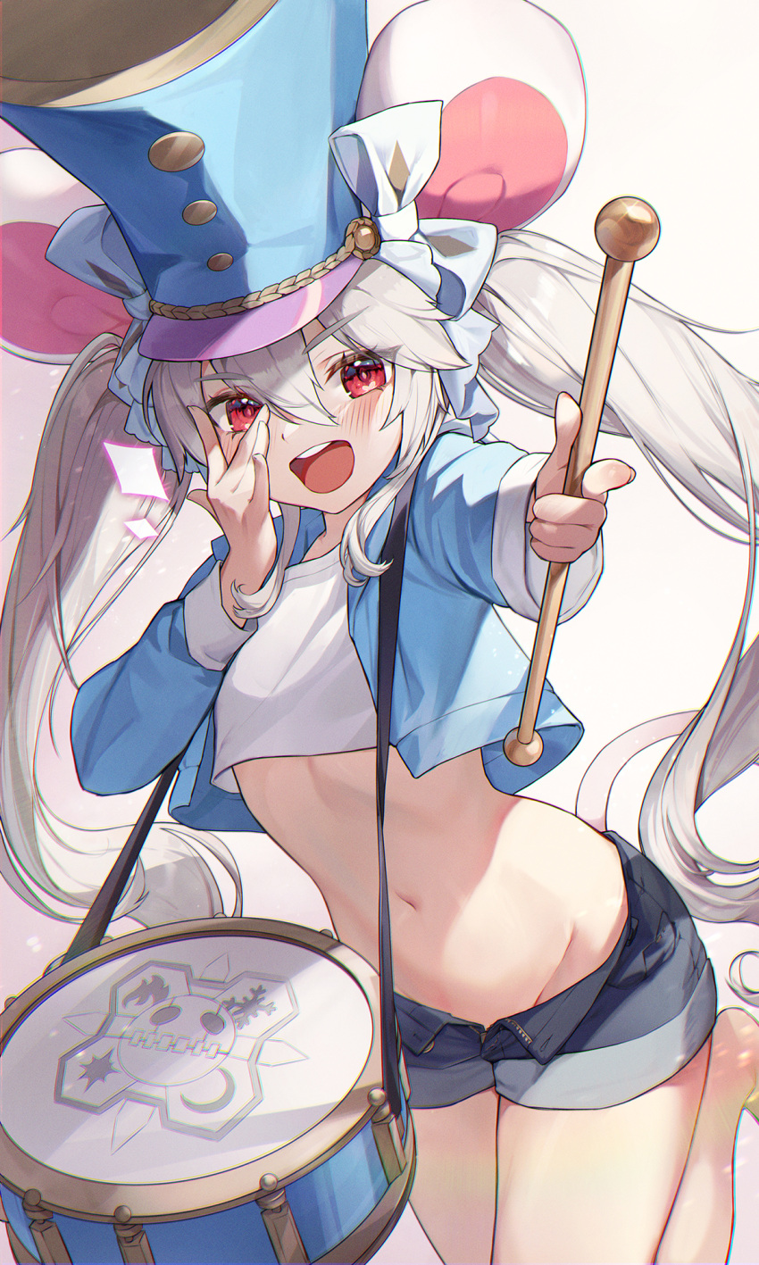 1girl :d animal_ears bangs black_shorts blue_headwear blue_jacket blue_shirt blush commentary crop_top cropped_jacket drum drumsticks eyebrows_visible_through_hair fake_animal_ears hair_between_eyes hat highres holding instrument jacket kokko_(kokko3045) leg_up long_hair long_sleeves looking_at_viewer mouse_ears navel open_mouth original red_eyes shirt short_shorts shorts smile solo stomach symbol_commentary twintails v_over_eye very_long_hair white_background white_hair