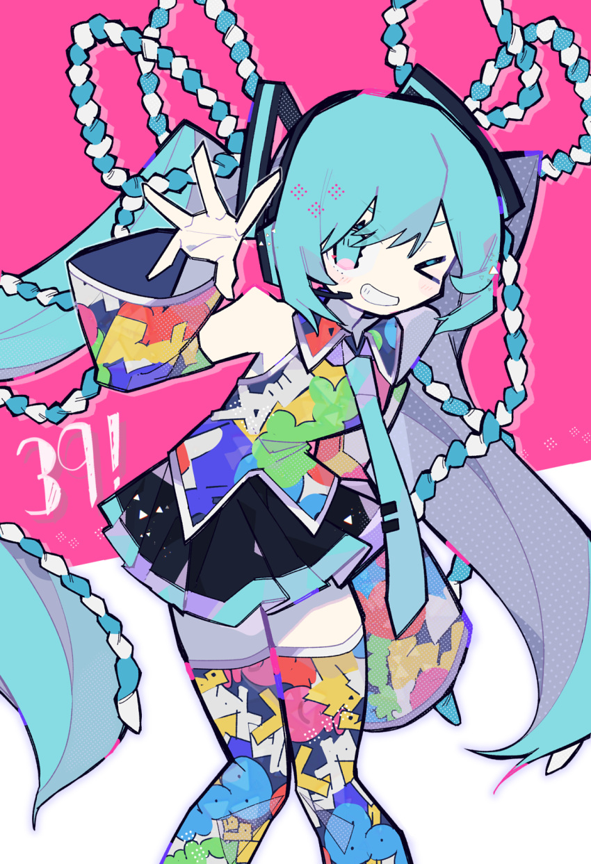 &gt;_o 1girl black_skirt detached_sleeves feet_out_of_frame green_eyes green_hair green_neckwear grin hair_ornament hand_up hatsune_miku headset highres long_sleeves looking_at_viewer mamimu_(ko_cha_22) multicolored multicolored_clothes multicolored_legwear multicolored_shirt necktie one_eye_closed pink_background pleated_skirt skirt smile solo thigh-highs tie_clip twintails vocaloid wide_sleeves
