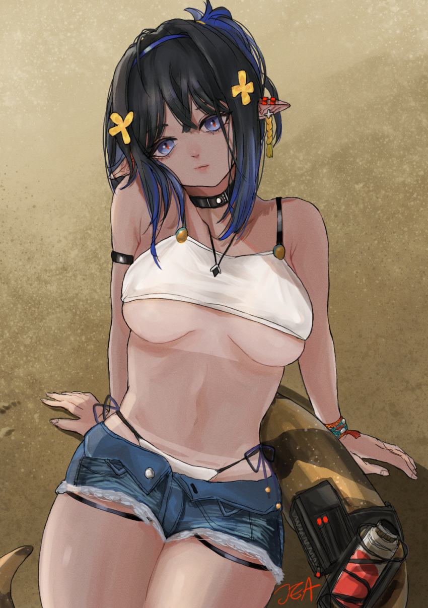 1girl arknights arm_strap bangs bare_arms bare_shoulders black_choker black_hair blue_eyes blue_hair breasts camisole choker denim denim_shorts eunectes_(arknights) eunectes_(forgemaster)_(arknights) head_tilt highres jea_(ppangjea) looking_at_viewer medium_breasts midriff multicolored_hair navel official_alternate_costume pointy_ears short_hair short_shorts shorts sitting snake_tail solo spaghetti_strap stomach tail thighs under_boob