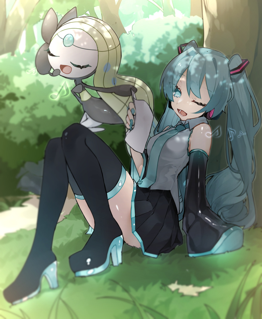 1girl against_tree bangs black_footwear boots bush crossover day gen_5_pokemon grass green_hair green_nails hatsune_miku highres holding holding_paper long_hair lower_teeth meloetta music musical_note mythical_pokemon nail_polish one_eye_closed open_mouth outdoors paper pokemon pokemon_(creature) reirou_(chokoonnpu) shiny shiny_skin singing sitting symbol_commentary thigh-highs thigh_boots tongue tree vocaloid