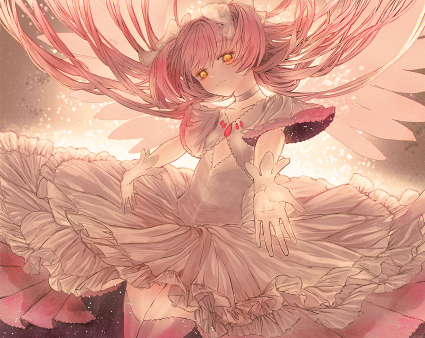 1girl backlighting choker closed_mouth clothing_cutout collarbone cowboy_shot dress eyebrows_visible_through_hair flat_chest frilled_dress frills gloves glowing goddess_madoka grey_background hair_ribbon half-closed_eyes head_tilt highres kaname_madoka layered_dress layered_sleeves legs_together light light_particles light_smile long_dress long_hair looking_at_viewer mahou_shoujo_madoka_magica muted_color outstretched_arms pink_hair pink_theme pink_wings red_legwear ribbon satou_akira_(artist) simple_background solo straight_hair thigh-highs thighs transparent_wings two_side_up very_long_hair white_choker white_dress white_gloves white_ribbon wings yellow_eyes yellow_theme zettai_ryouiki