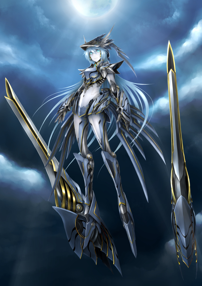 1girl absurdres android armor arms_at_sides breastplate cannon clouds cloudy_sky colored_skin commentary_request fantasy faulds floating full_body helmet highres humanoid_robot joints light_blue_eyes light_blue_hair long_hair looking_at_viewer me_ganchyo moon moonlight navel original plantar_flexion robot_joints sky solo valkyrie very_long_hair white_skin