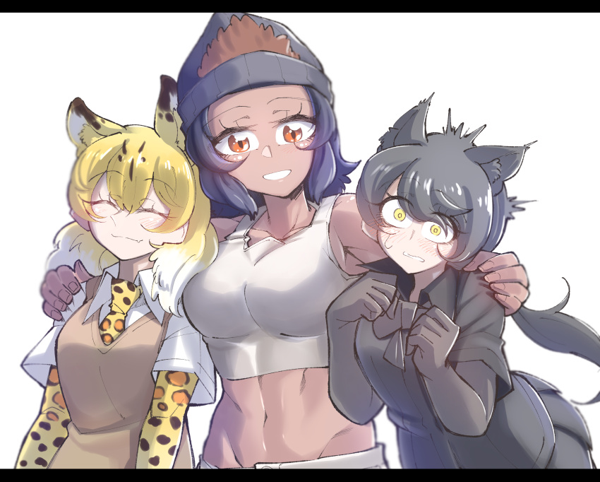 3girls absurdres animal_ears animal_print arm_around_shoulder bangs bare_shoulders beanie black_hair black_leopard_(kemono_friends) blonde_hair blush bow bowtie closed_eyes closed_mouth collarbone collared_shirt constricted_pupils dark-skinned_female dark_skin elbow_gloves extra_ears eyebrows_visible_through_hair eyes_visible_through_hair fang fang_out gloves gm_(ggommu) gorilla_(kemono_friends) hair_between_eyes hand_on_another's_shoulder hands_up hat height_difference highres kemono_friends leopard_(kemono_friends) leopard_ears leopard_print long_hair medium_hair midriff multicolored_hair multiple_girls necktie orange_eyes pleated_skirt print_gloves print_neckwear shirt short_sleeves side-by-side simple_background skirt smile stomach surprised sweater_vest swept_bangs tank_top white_background white_hair wing_collar yellow_eyes