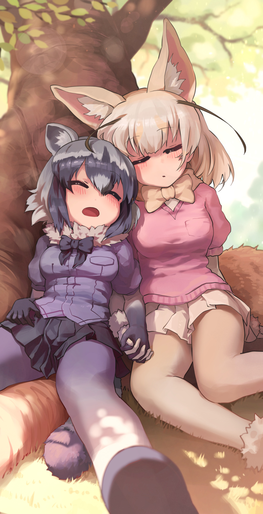 2girls animal_ears arm_rest bangs black_hair blonde_hair blush bodystocking bow bowtie breast_pocket closed_eyes common_raccoon_(kemono_friends) dappled_sunlight day extra_ears eyebrows_visible_through_hair fennec_(kemono_friends) fox_ears fox_girl fox_tail fur_collar grass grey_hair hair_between_eyes hand_rest head_on_head highres holding_hands interlocked_fingers kemono_friends layered_sleeves leaning_back long_sleeves medium_hair melaton miniskirt multicolored_hair multiple_girls on_grass on_ground open_mouth outdoors parted_bangs parted_lips pink_sweater platinum_blonde_hair pleated_skirt pocket purple_sweater raccoon_ears raccoon_girl raccoon_tail shade shoes short_over_long_sleeves short_sleeve_sweater short_sleeves sitting skirt sleeping spread_legs sunlight sweater tail tree tree_shade under_tree